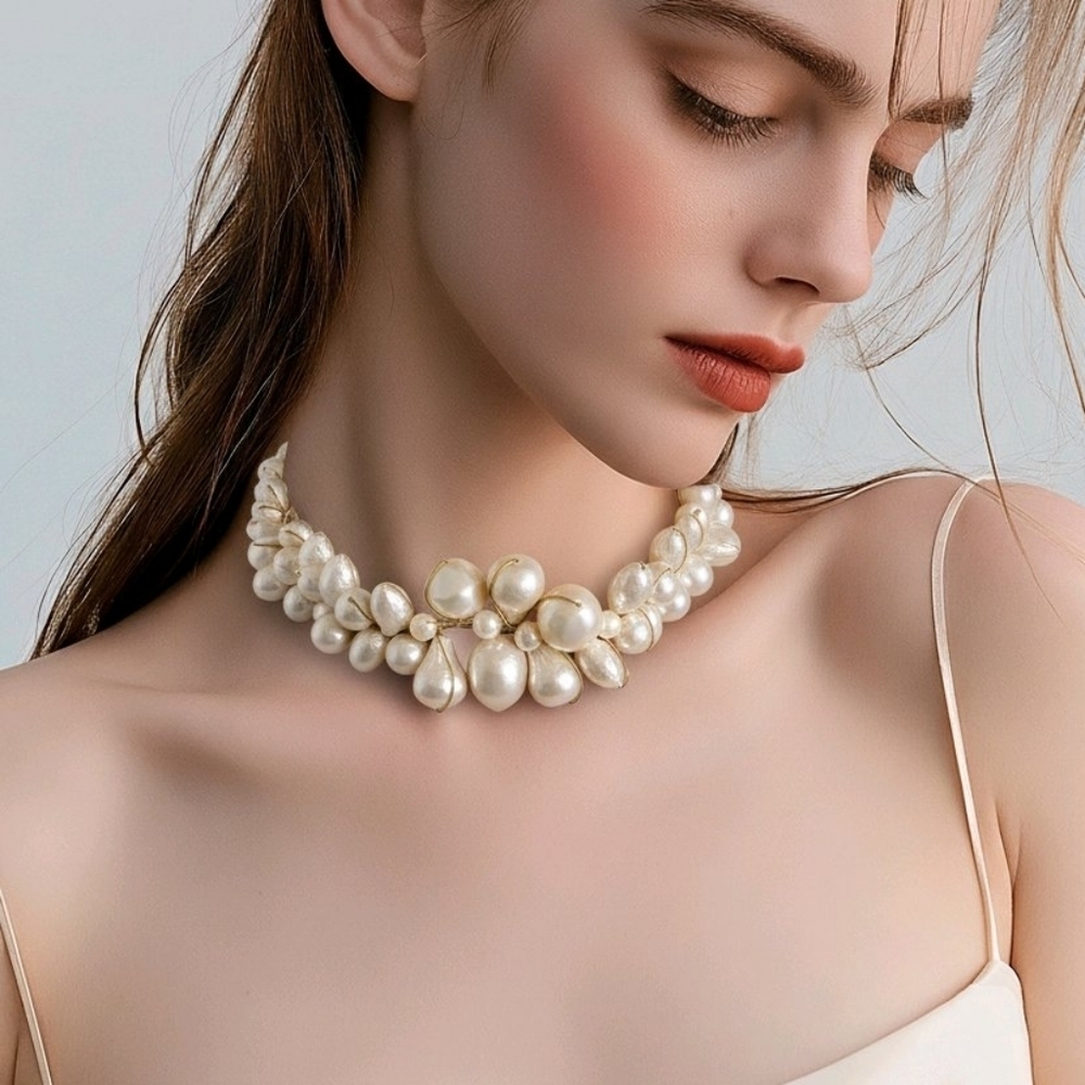 ABRA COUTURE vintage wire faux pearl choker necklace